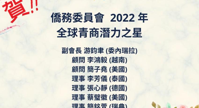 恭賀世青理監事榮獲僑務委員會2022青商潛力之星